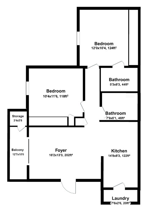Floor plan for 2 beds, 2 baths, 880 sqft